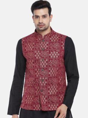 indus route by Pantaloons Men Maroon Ethnic Motifs Printed Pure Cotton Waistcoat