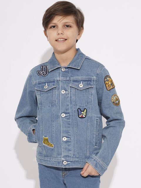Jack & Jones Junior Boys Spread Collar Graphic Embroidered Cotton Casual Denim Jacket