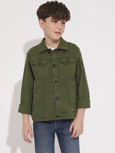 Jack & Jones Junior Boys Spread Collar Solid Cotton Casual Denim Jacket