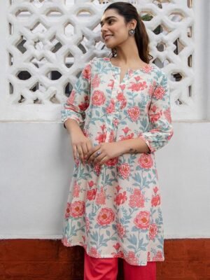 Janasya Floral Printed keyhole Neck Pure Cotton A-Line Tunic