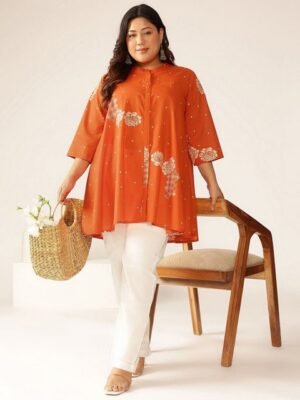 Janasya Women Plus Size Orange Pure Cotton Floral Printed A-line Tunic