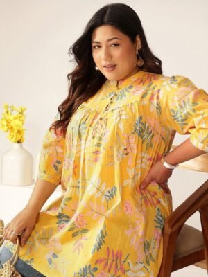 Janasya Women Plus Size Yellow Pure Cotton Tropical Printed A-line Tunic