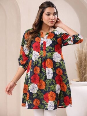 Janasya Women's Blue Pure Cotton Floral Printed A-line Tunic