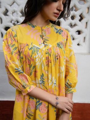 Janasya Women's Yellow Pure Cotton Tropical Gathered Tunic
