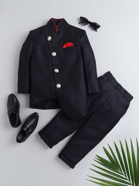 Jeetethnics Infant Boys Navy Blue Solid Bandhgala Suits