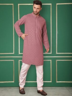 Jompers Embroidered Mandarin Collar Sequinned Kurta with Pyjamas