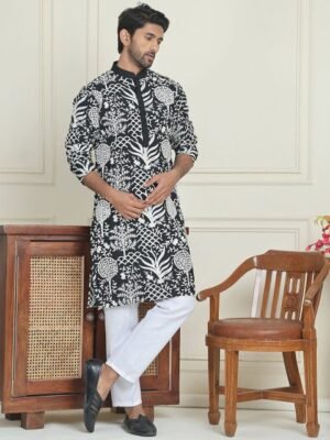 Jompers Floral Embroidered Mandarin Collar Straight Kurta And Pyjama