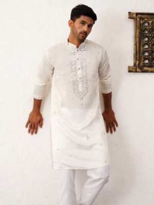 Jompers Floral Embroidered Mirror Work Mandarin Collar Kurta With Trousers