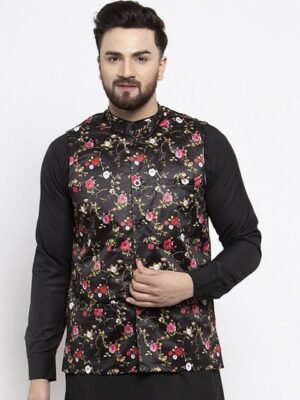 Jompers Men Black & Red Floral Printed Waistcoat