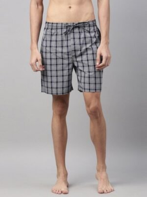 Joven Men Blue & White Checked Cotton Lounge Shorts