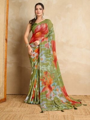 KALINI Floral Printed Zari Embellished Saree With Fancy Tassels