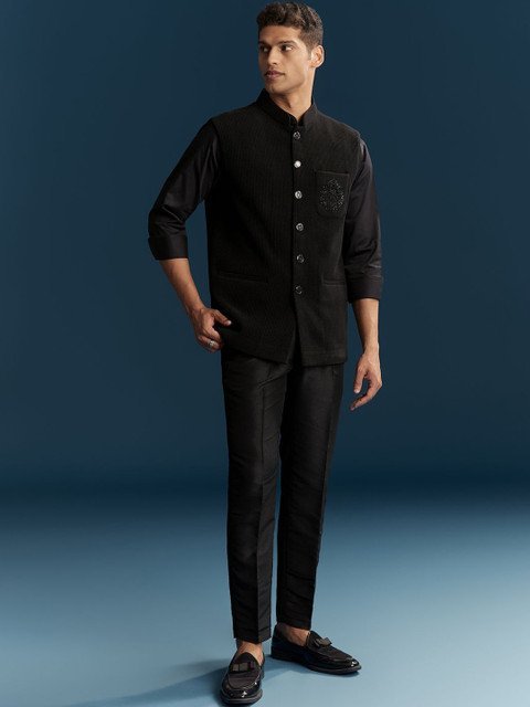KALKI Fashion 3 Pieces Mandarin Collar Cotton Waistcoat And Trousers With Shirt