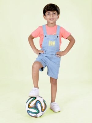 KiddoPanti Boys Typography Printed Round Neck Pure Cotton T-shirt And Denim Dungarees