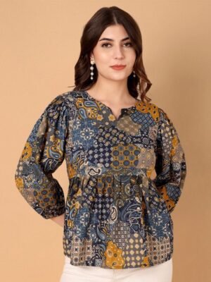 Kinjo Ethnic Motifs Printed Puff Sleeves Cotton Top