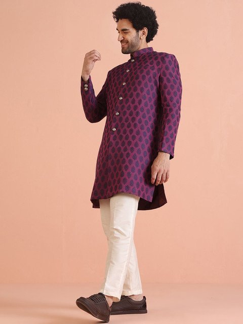 KISAH Ethnic Motifs Printed Mandarin Collar Jacquard Indowestern Sherwani Set
