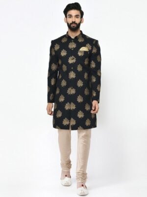 KISAH Men Black & Gold Printed Cotton Sherwani Set