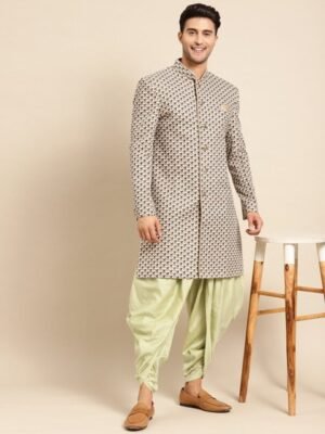 KISAH Men Cream-Coloured & Sage Green Printed Indowestern Sherwani Set