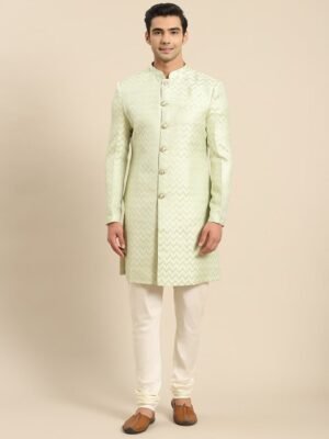 KISAH Men Geometric Jacquard Indowestern Sherwani & Churidar Set