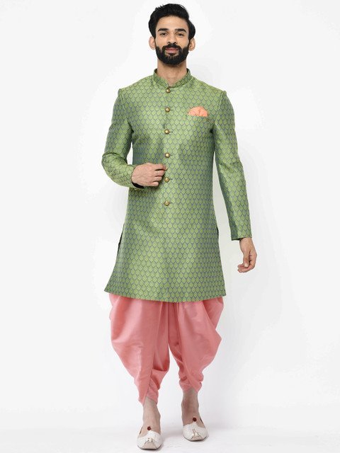 KISAH Men Green Printed Cotton Indowestern Sherwani Set