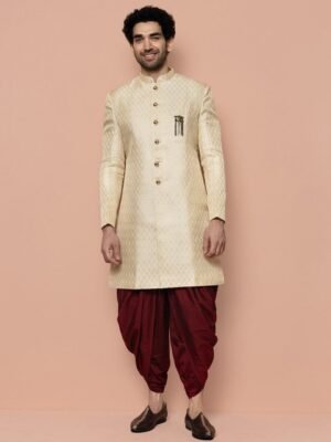 KISAH Men Off-White & Maroon Woven Design Indowestern Sherwani