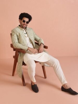KISAH Men Self-Design Cotton Indowestern Sherwani Trouser Set