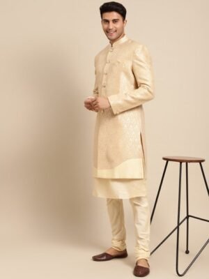 KISAH Men Woven Design Cotton Indowestern Sherwani Set