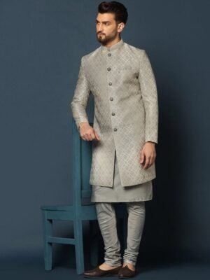 KISAH Men Woven-Design Cotton Indowestern Sherwani Set