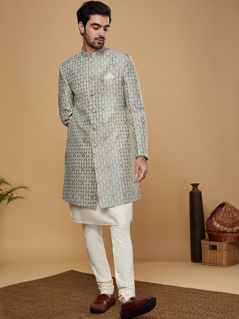 KISAH Men Woven Design Indowestern Sherwani And Churidar Set