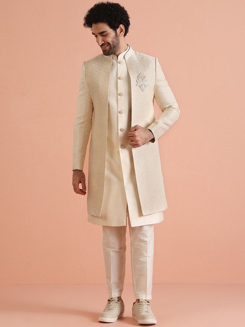 KISAH Men Zari Regular Fit Jacquard Jacket Sherwani Trouser Set