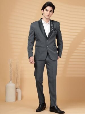 KLOTTHE Grey Solid Embroidery Single-Breasted Two-Piece Party Suit