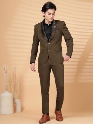 Klotthe Men Brown Solid Embroidery Single-Breasted Two-Piece Party Suit