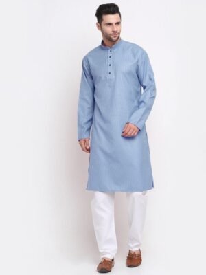 KRAFT INDIA Men Blue & White Striped Pure Cotton Kurta with Pyjamas