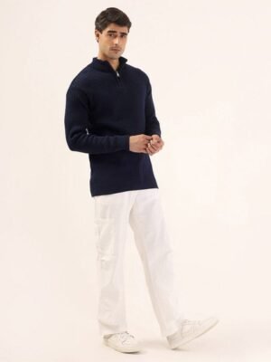 Kveto style redefined Self Design Mock Collar Ribbed Acrylic Half Zipper Sweater