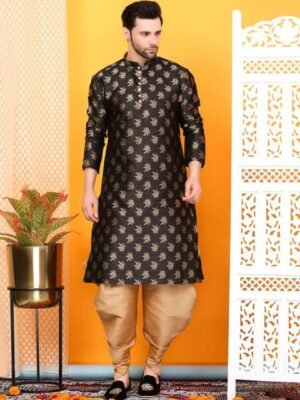 Larwa Floral Woven Design Mandarin Collar Jacquard Zari Straight Kurta with Dhoti Pant