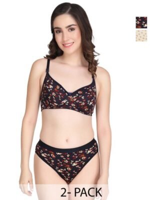 Liigne Women Pack Of 2 Everyday Printed Padded Bra Pure Cotton Lingerie Set