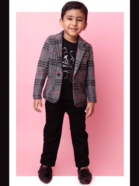 LITTLE COLLARS Boys Checked Single-Breasted Notched Lapel Collar 3-Piece Suit