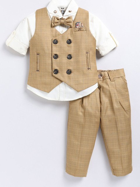 LITTLE COLLARS Boys Checked V-Neck Double-Breasted 4 Piece Suit