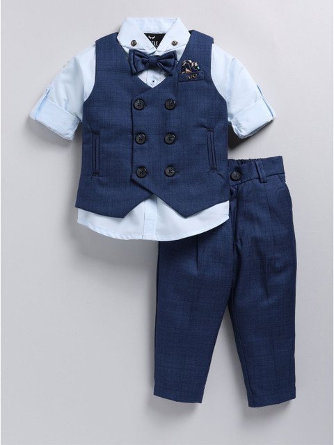 LITTLE COLLARS Boys Checked V-Neck Double-Breasted 4 Piece Suit