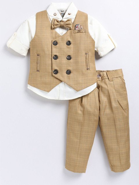 LITTLE COLLARS Boys Checked V-Neck Double-Breasted 4 Piece Suit