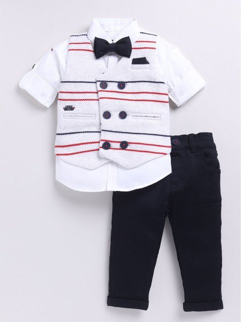 LITTLE COLLARS Boys Elegant Striped Jacquard Full Sleeves Partywear Set with Bow