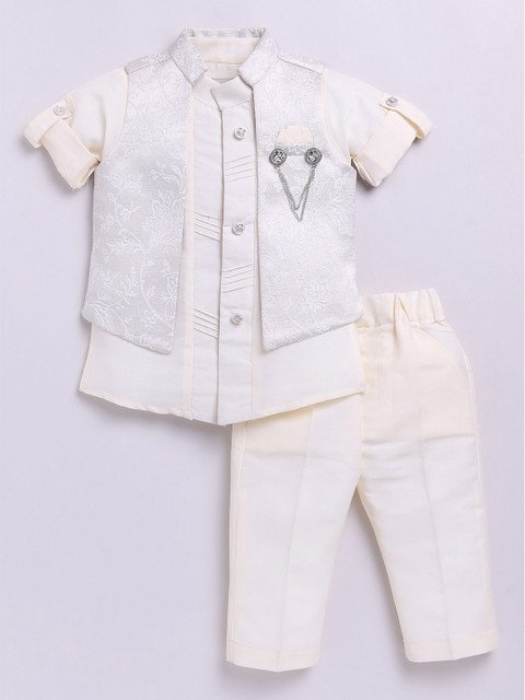 LITTLE COLLARS Boys Self Design Mandarin Collar 3-Piece Suit