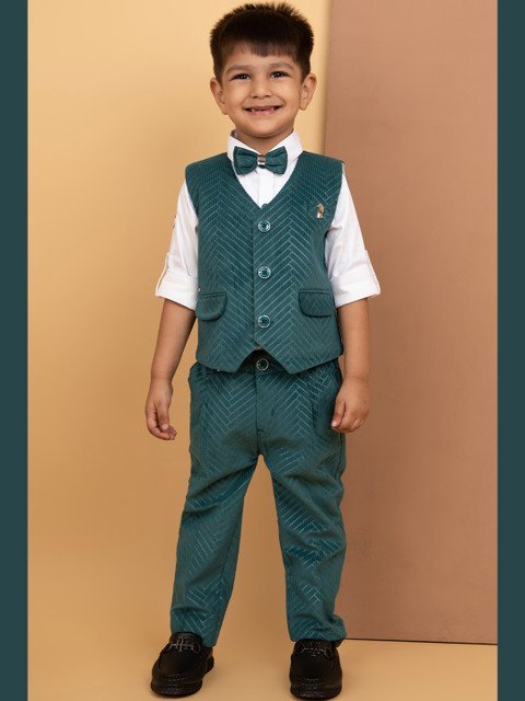 LITTLE COLLARS Boys Self Design V-Neck Single-Breasted 3-Piece Suit