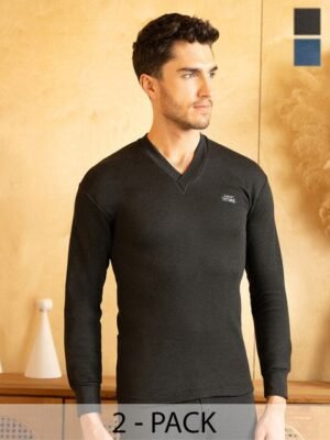 Lux Cottswool Men Pack Of 2 Black & Blue Solid Thermal Tops