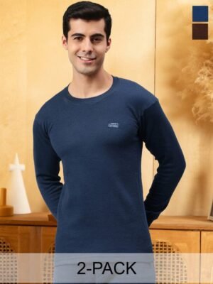 Lux Cottswool Men Pack of 2 Blue & Brown Cotton Solid Thermal T-shirt