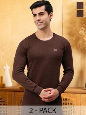Lux Cottswool Men Pack of 2 Brown Solid Cotton Slim Fit Thermal Tops