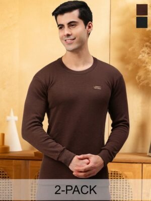 Lux Cottswool Men Pack Of 2 Charcoal & Brown Solid Cotton Thermal Tops