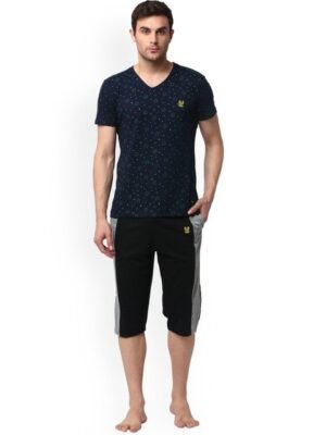 MACK JONNEY Men Printed V-Neck T-shirt With Capris Night Suit Set