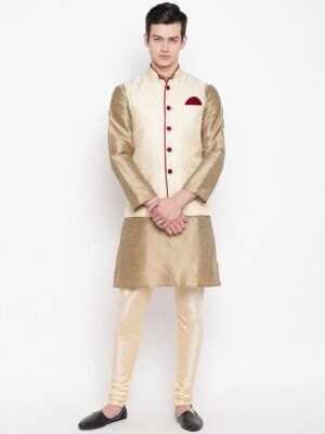 MAG Men Taupe & Cream-Coloured Self Design Kurta with Churidar & Nehru Jacket