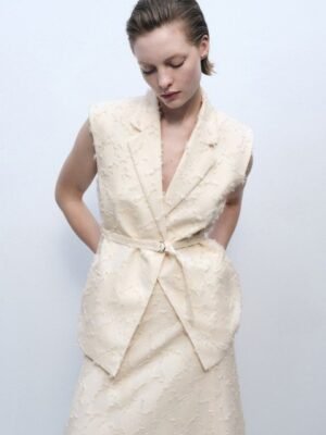 MANGO Notched Lapel Textured Sleeveless Waistcoat With Belt