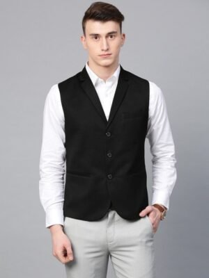 MANQ Men Black Solid Slim Fit Woven Formal Waistcoat